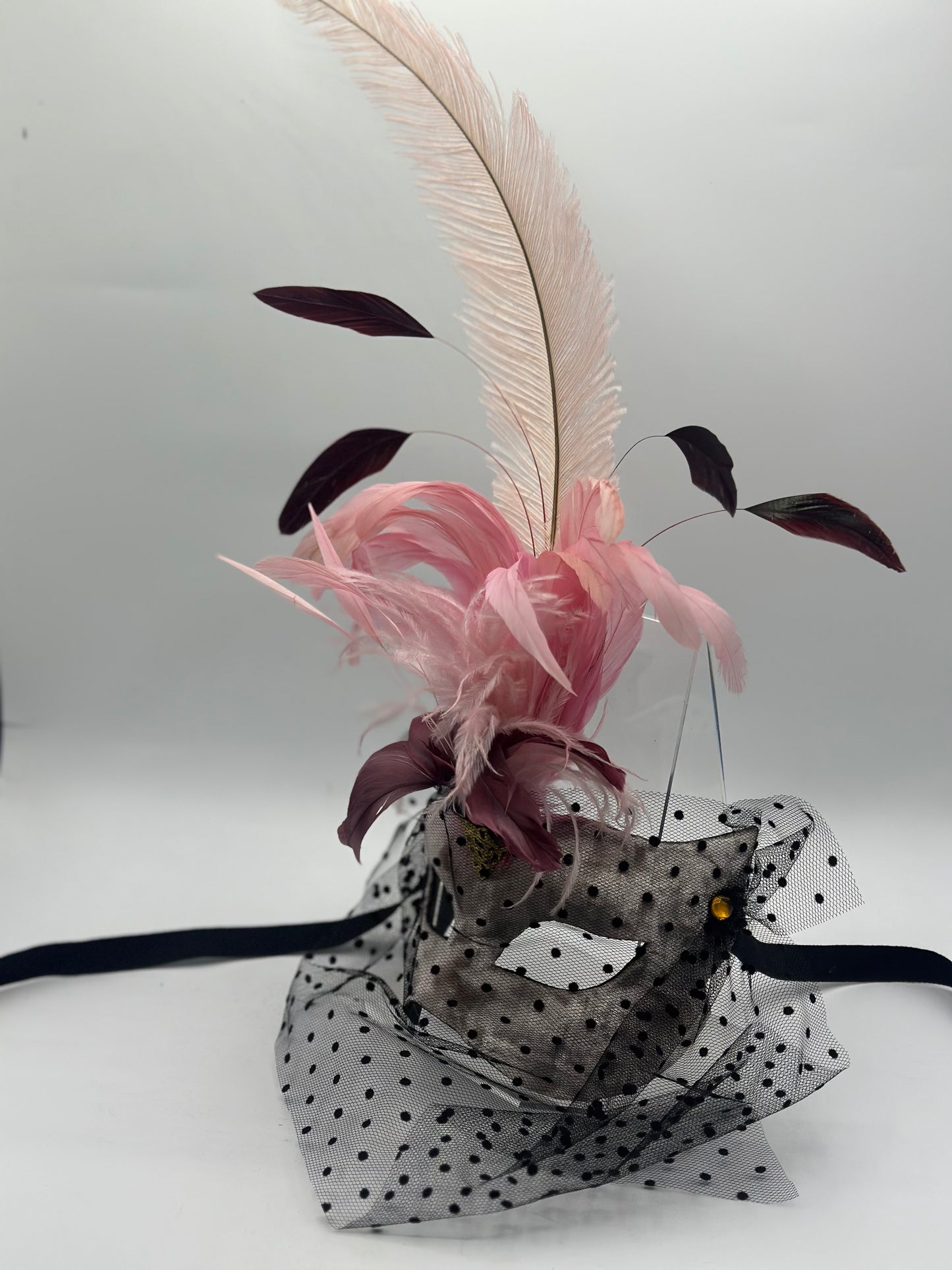 Venetian mask with feathers - Masquerade mask for women - Pink Velvet elegant mask