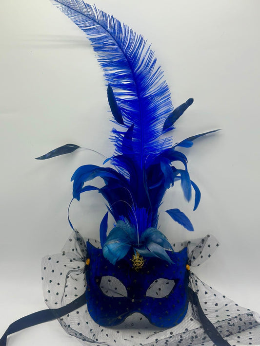 Luxusmaske mit Federn - Blaue Maske mit Federn - elegante Maske aus blauem Samt