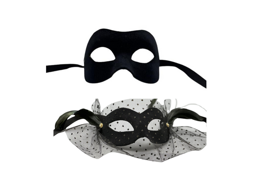 Two Venetian ball masks - man and woman mask - in black velvet - Couple mask black